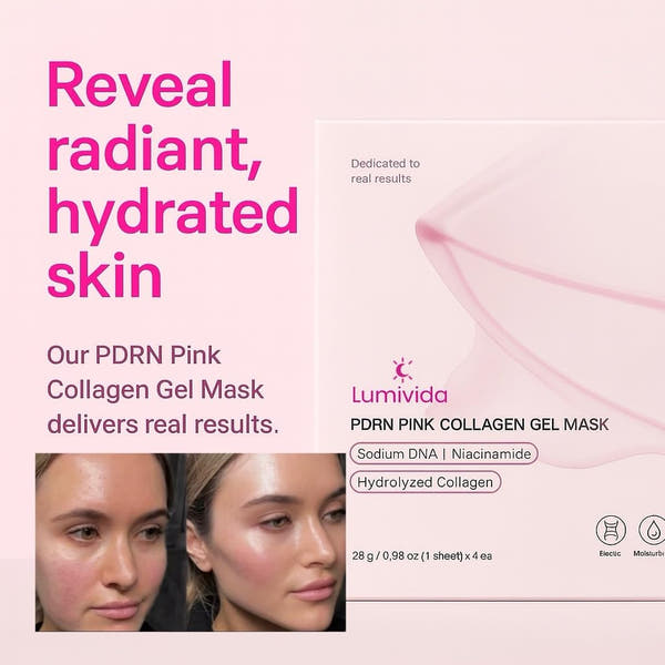 LumiVIda SALMON PDRN Pink Collagen Gel Sheet Mask, 4 Pack, Hydrolyzed Collagen with Sodium DNA and Niacinamide for Anti-Aging and Moisturizing